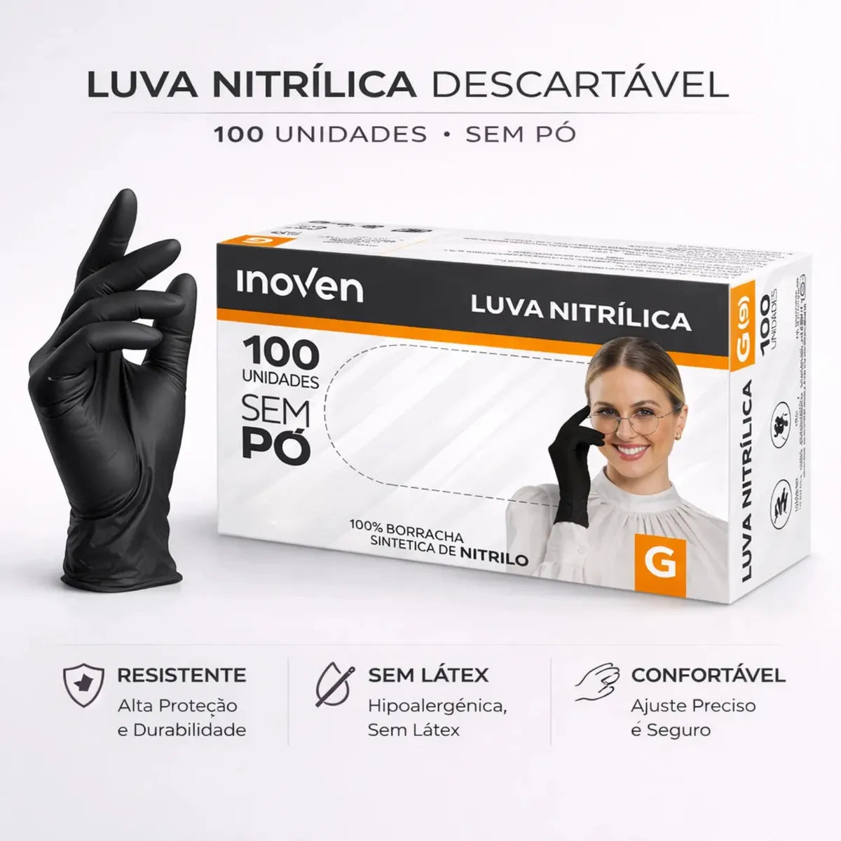 Luvas Descartáveis Inoven Nitrílica Preto Caixa com 100 Unidades